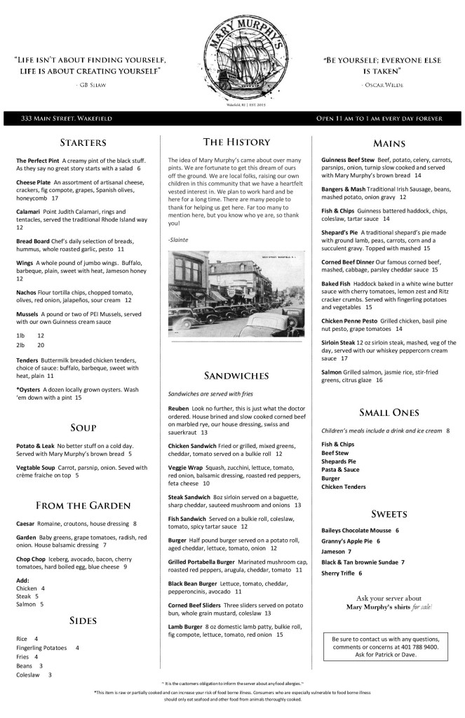 Mary Murphys Pub Menu